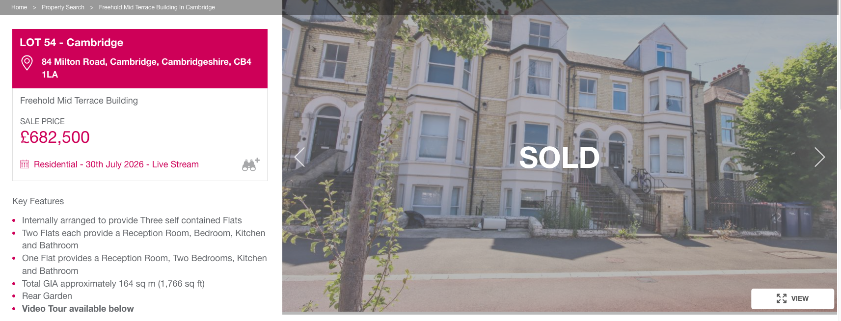 Allsop auction listing for 84 Milton Road, Cambridge, sold £682,500