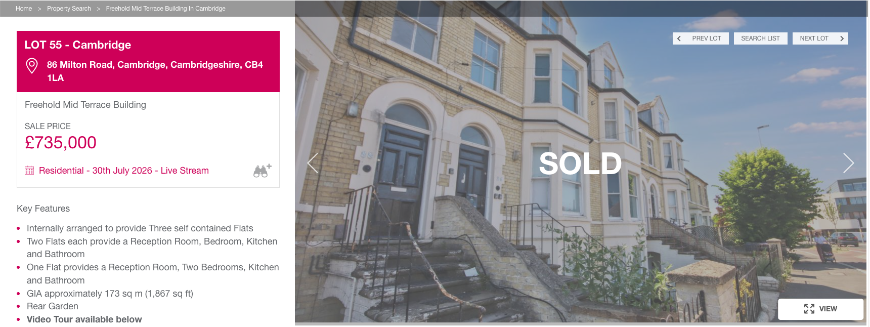 Allsop auction listing for 86 Milton Road, Cambridge, sold £735,000
